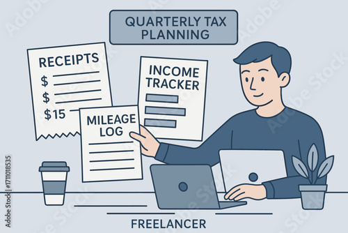 Freelancer's Tax Planning. Modern vector layout of freelancer organizing receipts, mileage log, and income tracker for quarterly