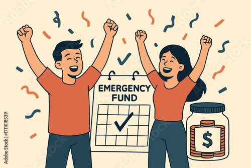 Emergency Fund Celebration. Vector illustration of couple celebrating reaching emergency fund goal with confetti, calendar, and
