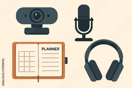 Workspace Essentials. Flat vector of workspace setup essentials — webcam, microphone, planner, and noise-canceling headphones.