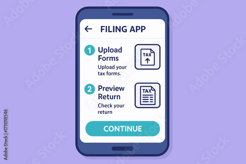Mobile Tax Filing Interface. Vector illustration of mobile tax filing app interface showing steps for uploading forms and