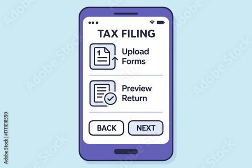 Mobile Tax Filing Interface. Vector illustration of mobile tax filing app interface showing steps for uploading forms and