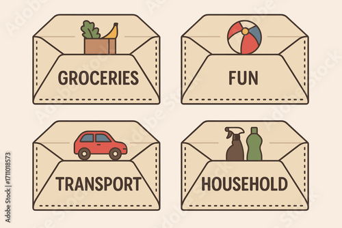 Cash Envelope System Layout. Vector layout of cash envelope system labeled for groceries, fun, transport, and household.