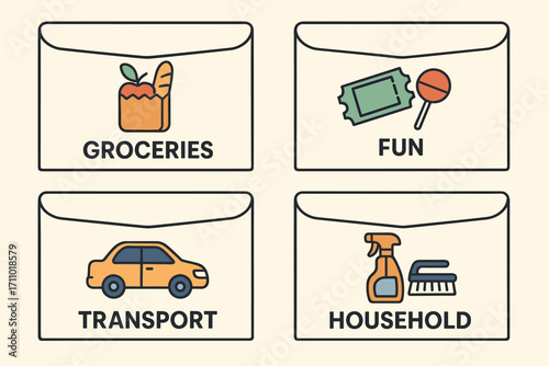 Cash Envelope System Layout. Vector layout of cash envelope system labeled for groceries, fun, transport, and household.