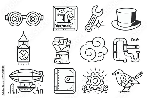 Steampunk Icon Medley. Line style icons of steampunk comics: gear-eyed goggles, steam engine panel, wrench with spark, top hat