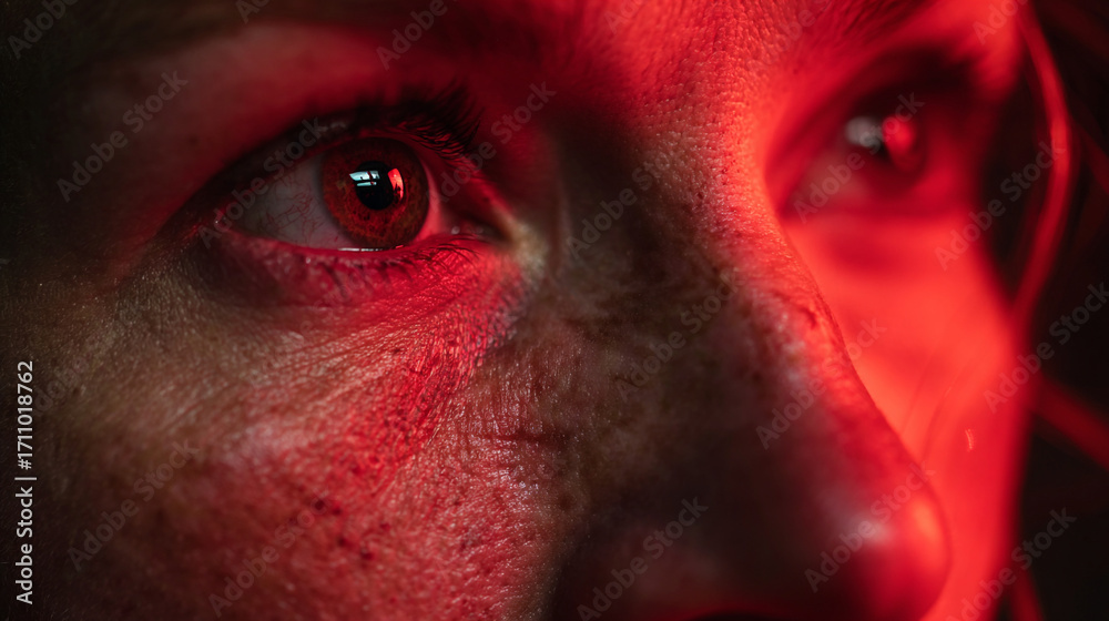 Naklejka premium Extreme close up of a person's face illuminated by red light with a dark background present