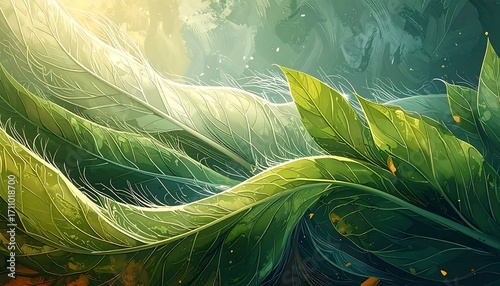 Lush green leaves, detailed and vibrant, undulate in a soft, ethereal light, creating a captivating display of nature's artistry.