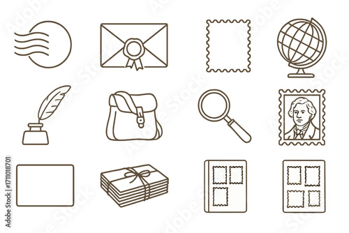 Vintage Stamp Icons. Line style icons of vintage stamps: classic postmark, envelope with wax seal, perforated stamp border,
