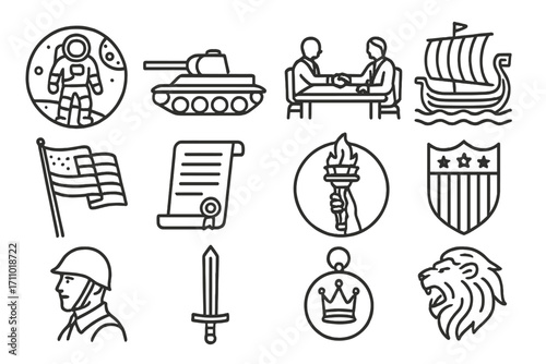 Historical Coin Icons. Line style icons of historical event coins: moon landing coin, WW2 tank silhouette, peace treaty scene,