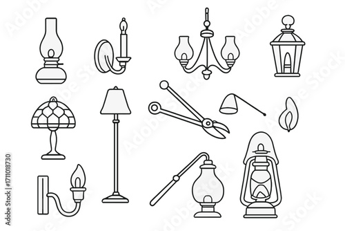 Antique Lighting Icons. Line style icons of antique lighting: oil lamp, candle sconce, gas chandelier, hanging lantern; stained