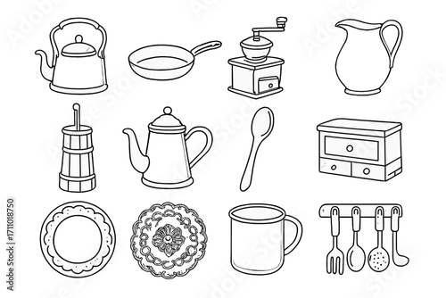 Antique Kitchenware Icons. Line style icons of antique kitchenware: copper kettle, cast iron pan, hand-crank grinder, ceramic jug;