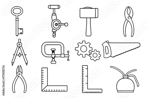 Antique Tool Icons. Line style icons of antique tools and hardware: iron key, hand drill, wooden mallet, blacksmith tongs; brass