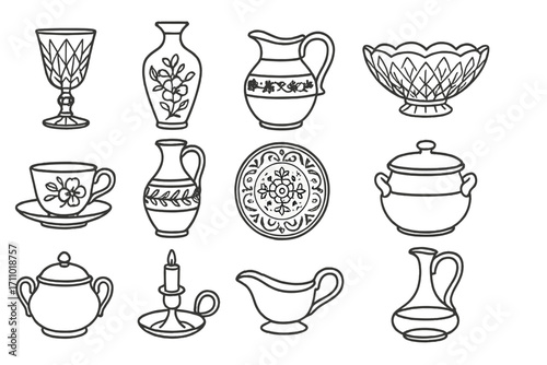 Antique Glassware Icons. Line style icons of antique glassware and ceramics: crystal goblet, porcelain vase, ceramic pitcher, cut