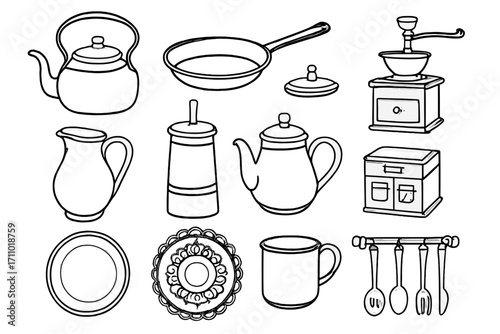 Antique Kitchenware Icons. Line style icons of antique kitchenware: copper kettle, cast iron pan, hand-crank grinder, ceramic jug;