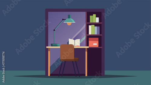 A quiet study carrel with a solitary desk and a lamp perfect for deep concentration.