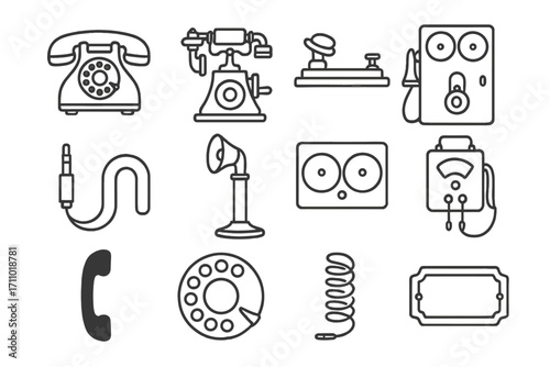 Antique Phone Icons. Line style icons of antique telephones and devices: rotary phone, crank telephone, telegraph key, wooden