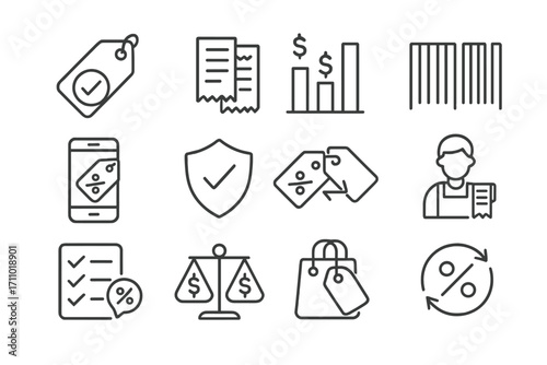 Price-Match Discount Icons. Line style icons of price-match discounts: tag with checkmark, receipt comparison, bar graph with