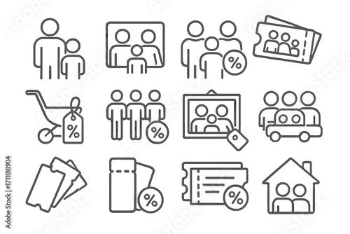 Family Discounts Icons. Line style icons of family and group discounts: parent with child and tag, family pass icon, group of