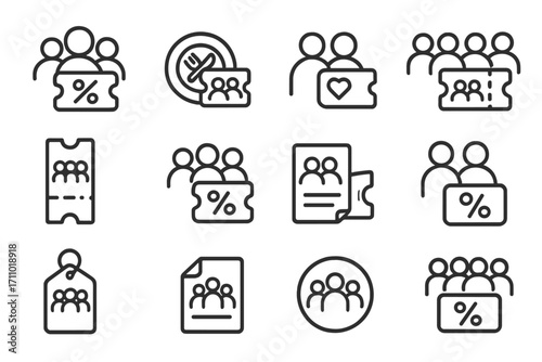 Group Coupon Icons. Line style icons of group coupons: three people and percent icon, shared meal deal, couple’s voucher, family