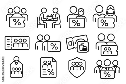 Group Coupon Icons. Line style icons of group coupons: three people and percent icon, shared meal deal, couple’s voucher, family