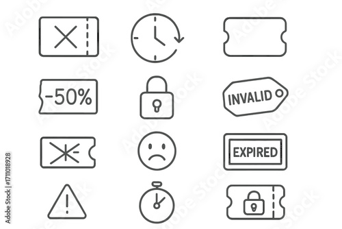 Expired Coupon Icons. Line style icons of expired coupons: coupon with X icon, clock with past date, faded label, torn offer slip;
