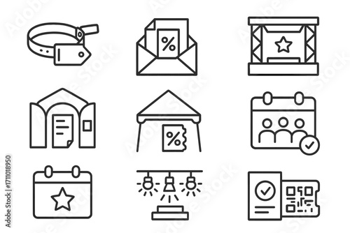 Event Coupons Icons. Line style icons of event coupons: entry wristband with tag, invitation card and percent, festival pass with