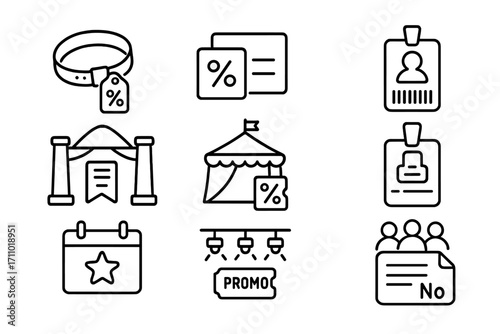 Event Coupons Icons. Line style icons of event coupons: entry wristband with tag, invitation card and percent, festival pass with