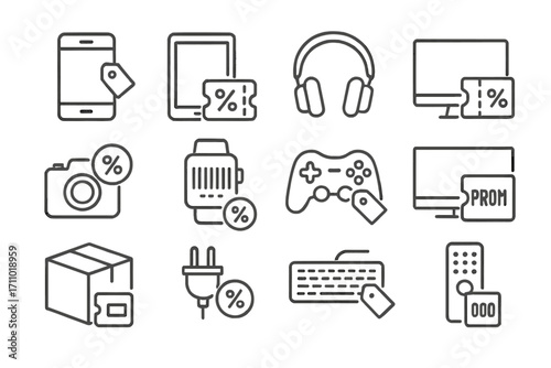 Electronics Coupon Icons. Line style icons of electronics coupons: mobile phone with tag, tablet and discount label, headphones