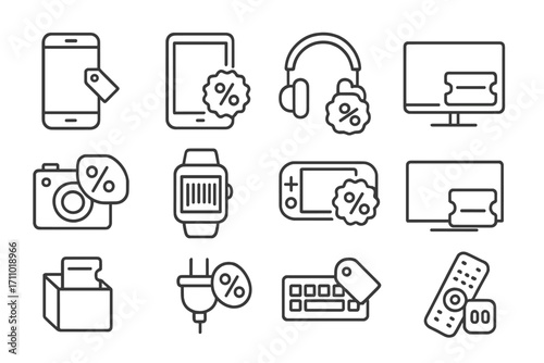 Electronics Coupon Icons. Line style icons of electronics coupons: mobile phone with tag, tablet and discount label, headphones
