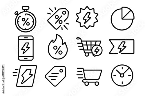 Flash Deal Icons. Line style icons of flash deals: stopwatch with percent, blinking tag icon, lightning deal badge, countdown