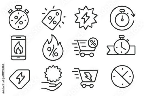 Flash Deal Icons. Line style icons of flash deals: stopwatch with percent, blinking tag icon, lightning deal badge, countdown