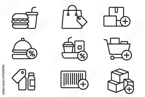 Combo Deal Line Icons. Line style icons of combo deals: burger and drink combo, shopping bag with “2-in-1” tag, bundled product
