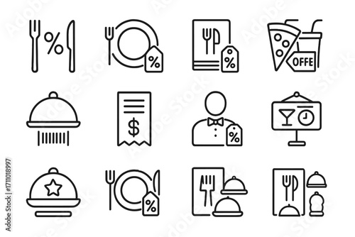 Restaurant Deals Icons. Line style icons of restaurant deals: fork and knife icon with percent, table setting with deal tag, menu