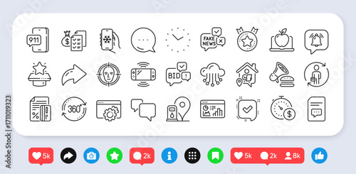 Face detect, Cloud storage and Bid offer line icons pack. Social media: share, comment, like icons. Full rotation, Accounting wealth, Air conditioning web icon. Vector