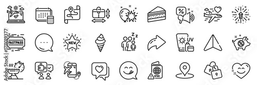 Puzzle, Yummy smile and Ice cream line icons pack. Share, Message, Paper plane icons. Sunscreen, Grill time, Smile chat web icon. Handbag size, Airplane travel, Locks pictogram. Vector