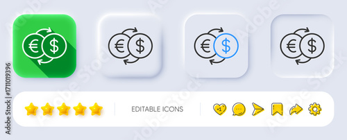 Money exchange line icon. Neumorphic, Flat shadow, 3d buttons. Banking currency sign. Euro and Dollar Cash transfer symbol. Line money exchange icon. Social media icons. Vector