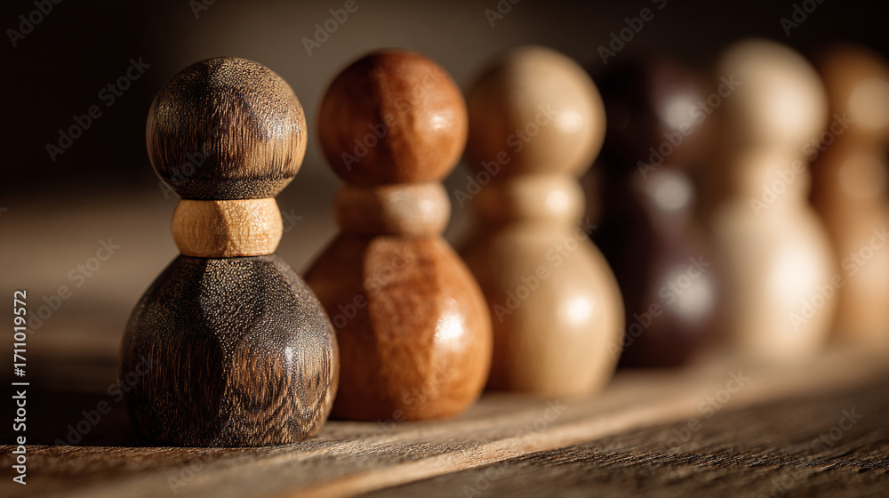 Fototapeta premium A close up of wooden chess pawns lined up on a wooden surface with a blurred background effect