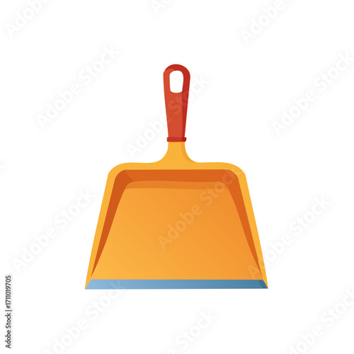 A brightly colored dustpan with a red handle. It's clean and ready to use