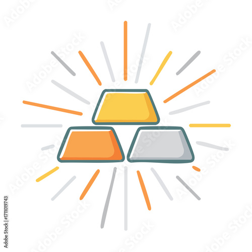 Stack of gold, silver and bronze ingots with radiating light, a visual representation of wealth and success