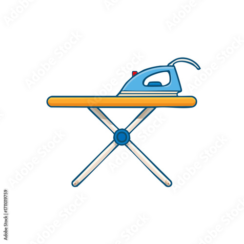 An illustration of a blue iron and a wooden ironing board