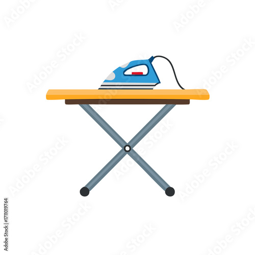 A simple iron placed on a ironing board with cable 