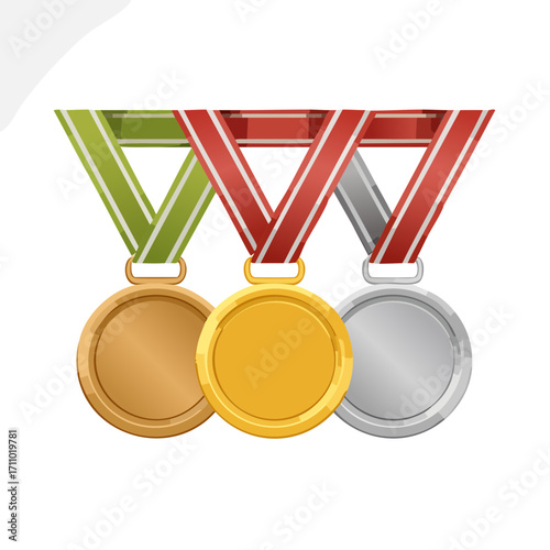 Three medals representing first, second, and third place, displayed with their ribbons. A symbol of victory and recognition. The golden medal is in the center and more prominent