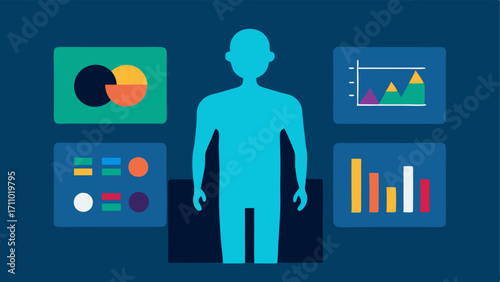 Comparison Graphs and Charts A human silhouette next to a screen displaying colorful graphs and charts symbolizing tracking health changes over time through a digital twin.