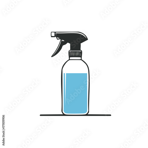A cleaning spray bottle with blue liquid