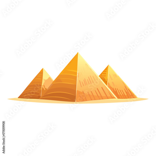 Three golden pyramids set against a sandy desert landscape, evoking a sense of history and ancient wonder.
