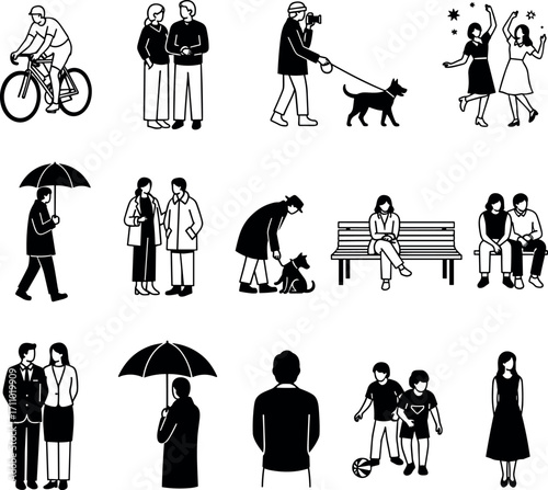 Minimalist black and white vector illustrations of people in everyday activities, social interactions, walking, dancing, biking, pet care, and leisure