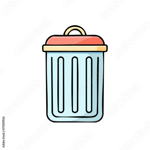 An illustrative drawing of a simple garbage bin with a red lid and handle, with vertical lines on its side. This bin represents waste and discarding.