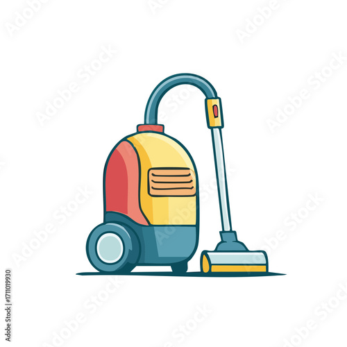 A cartoon image of a vacuum cleaner, suitable for cleaning purposes. The design is simple and colorful