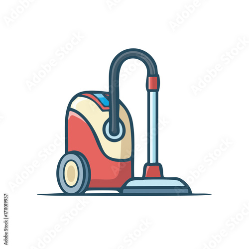 A vibrant cartoon-style illustration of a vacuum cleaner against a clean background, exuding a sense of freshness and tidiness.