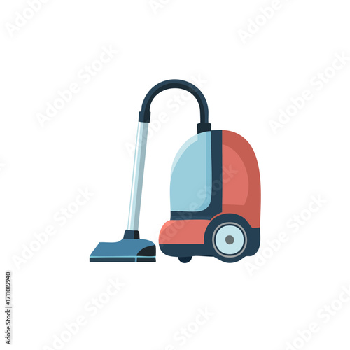 Illustration of a vacuum cleaner in red and blue, highlighting its functionality and design