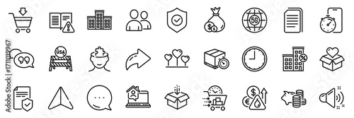 Usa close borders, Donation and Cash line icons pack. Share, Message, Paper plane icons. Mental conundrum, Fuel price, Loud sound web icon. Food delivery, Instruction manual, Time pictogram. Vector